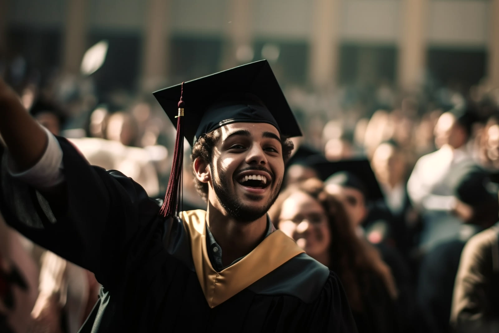 Joven graduado universitario con toga y birrete sonriendo en la ceremonia de graduación
