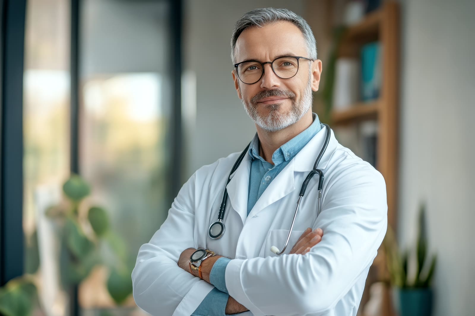Médico profesional con bata blanca, sonriente, con los brazos cruzados