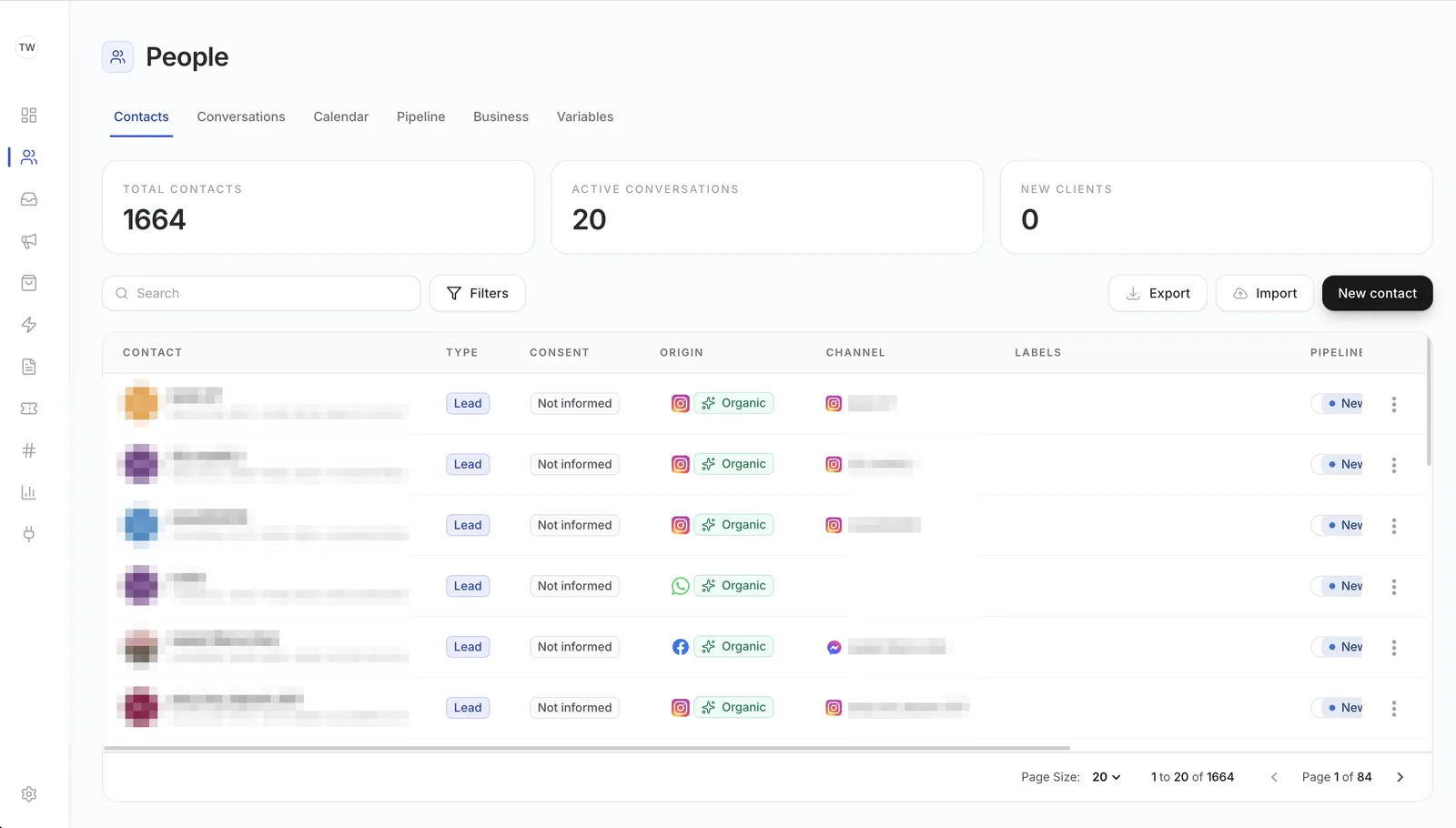 Lista de contactos en el CRM de Twinny: 1664 contactos con tipo, consentimiento, origen y canal.