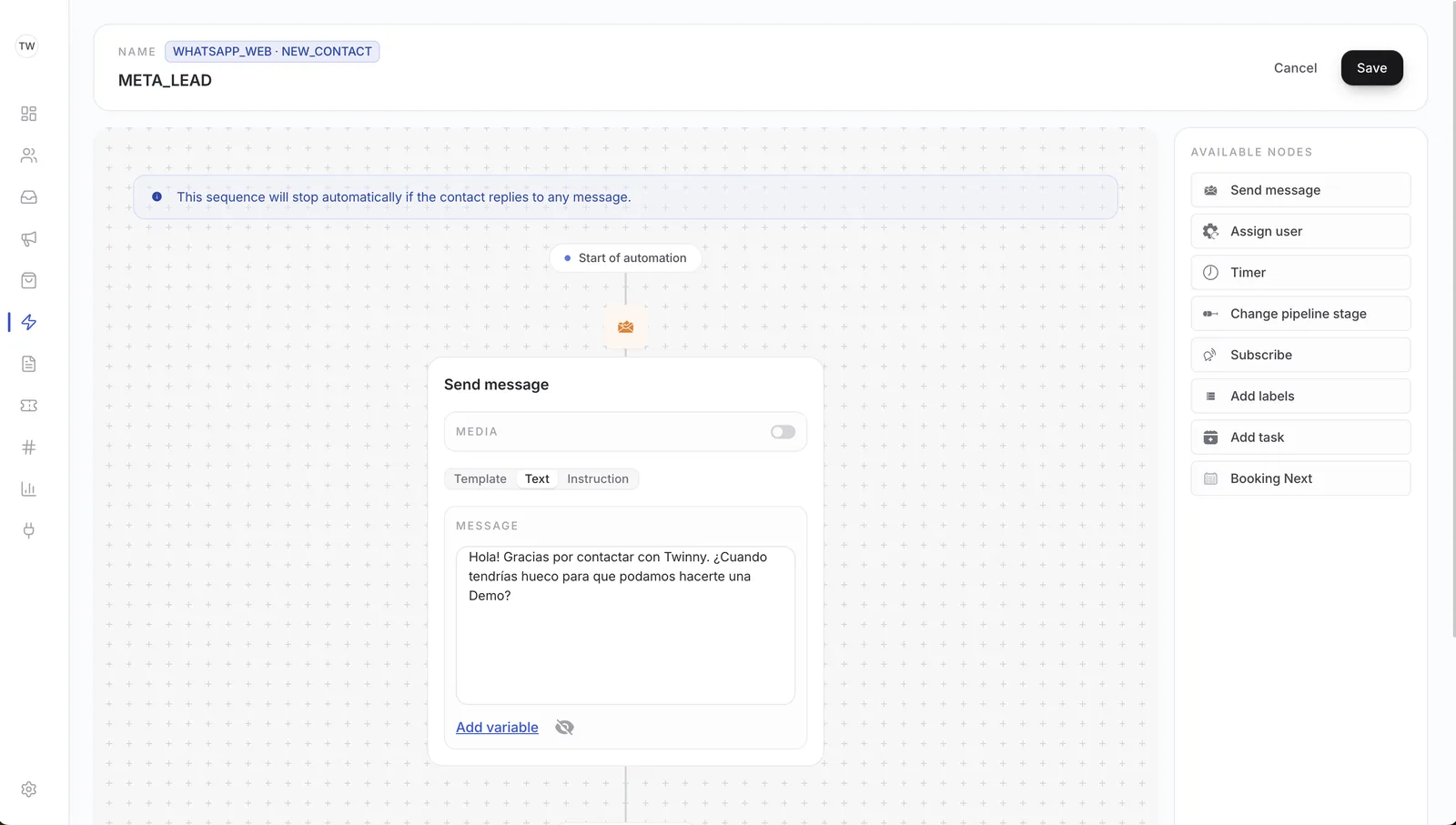 Constructor visual de flujos de Twinny con nodos de automatización: enviar mensaje, asignar, temporizador y cambiar etapa.