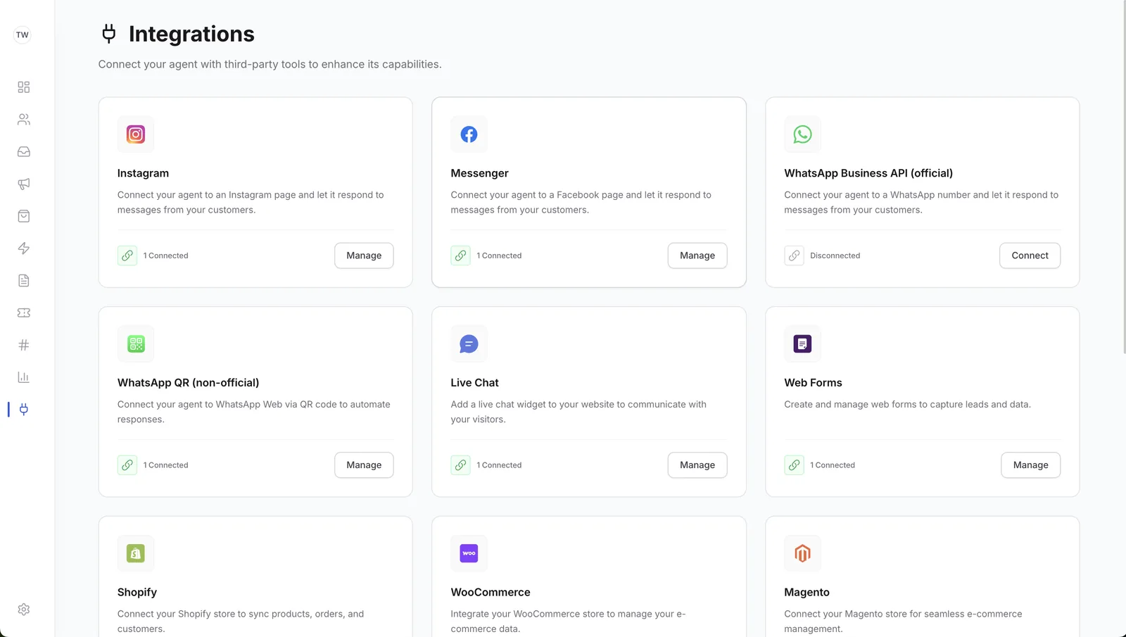 Catálogo de integraciones de Twinny: Instagram, Messenger, WhatsApp Business API, Live Chat, formularios web, Shopify, WooCommerce y más.